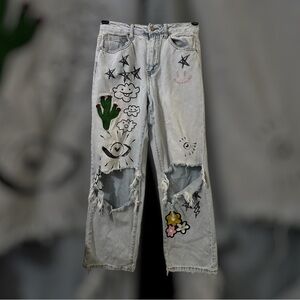Forever 21 Distressed Straight Leg Jeans with Graphic Patches